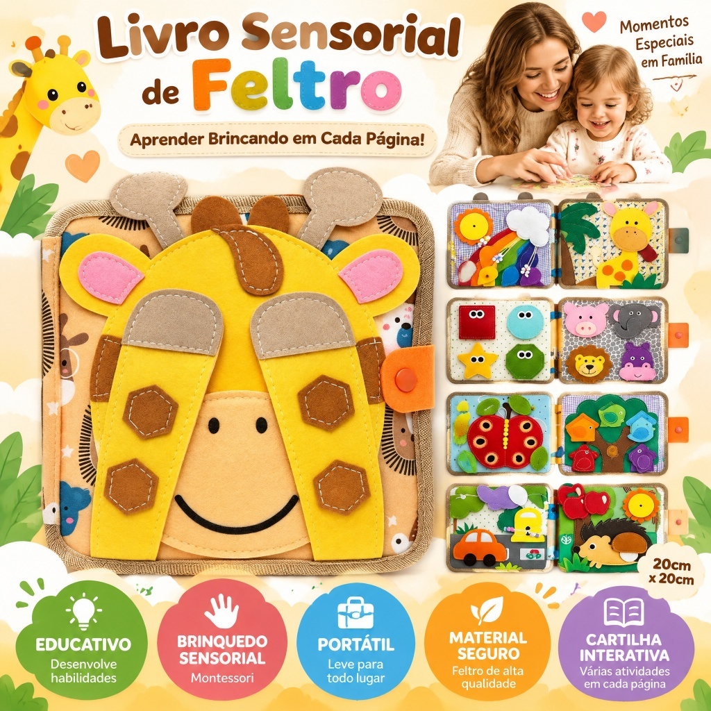 Quiet Book Feltro Girafa Montessori Brinquedo Sensorial Educativo Presente Infantil 1 a 3 Anos