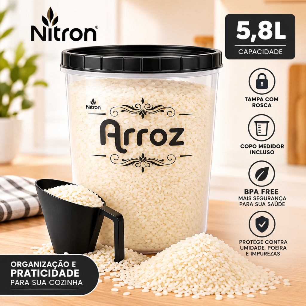 Pote Arroz Rosca Alto Transparente e Tampa Preta com Copo Medidor 5,8L