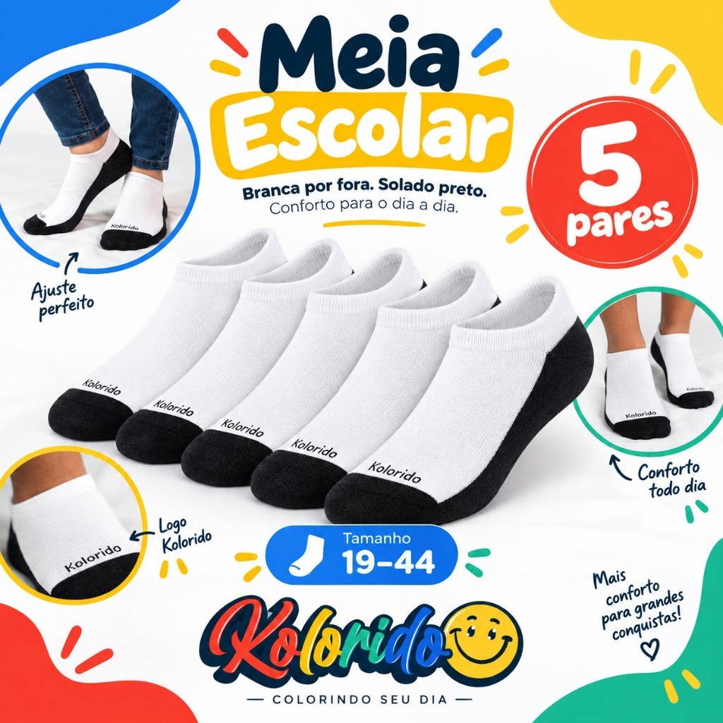 Kit 5 Pares Meia Escolar Básica Infantil Cano Médio Algodão