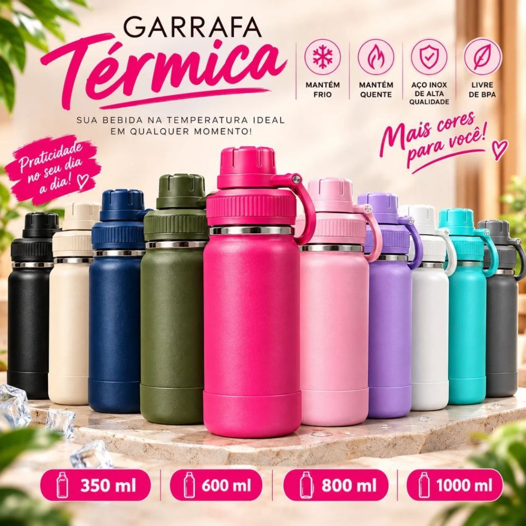 Garrafa Térmica Inox 304- 350ml 600ml 800ml 1L com Alça Mantém Quente e Frio até 24/48 Horas