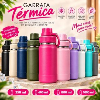 Garrafa Térmica Inox 304- 350ml 600ml 800ml 1L com Alça Mantém Quente e Frio até12 Horas