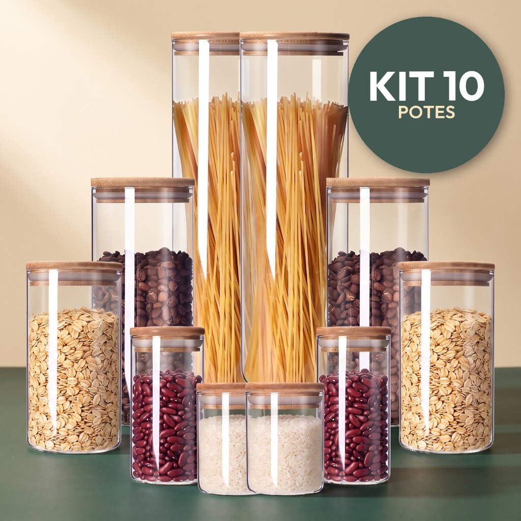 Kit Potes de Vidro Herméticos Tampa Bambu para Mantimentos Grãos Café Resistente e Organiza Cozinha Zelvi