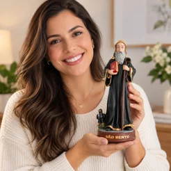 São Bento 15cm Resina Estátua Religiosa Católica Medalha Proteção Fé Decoração Altar Presente Artesanal Casa