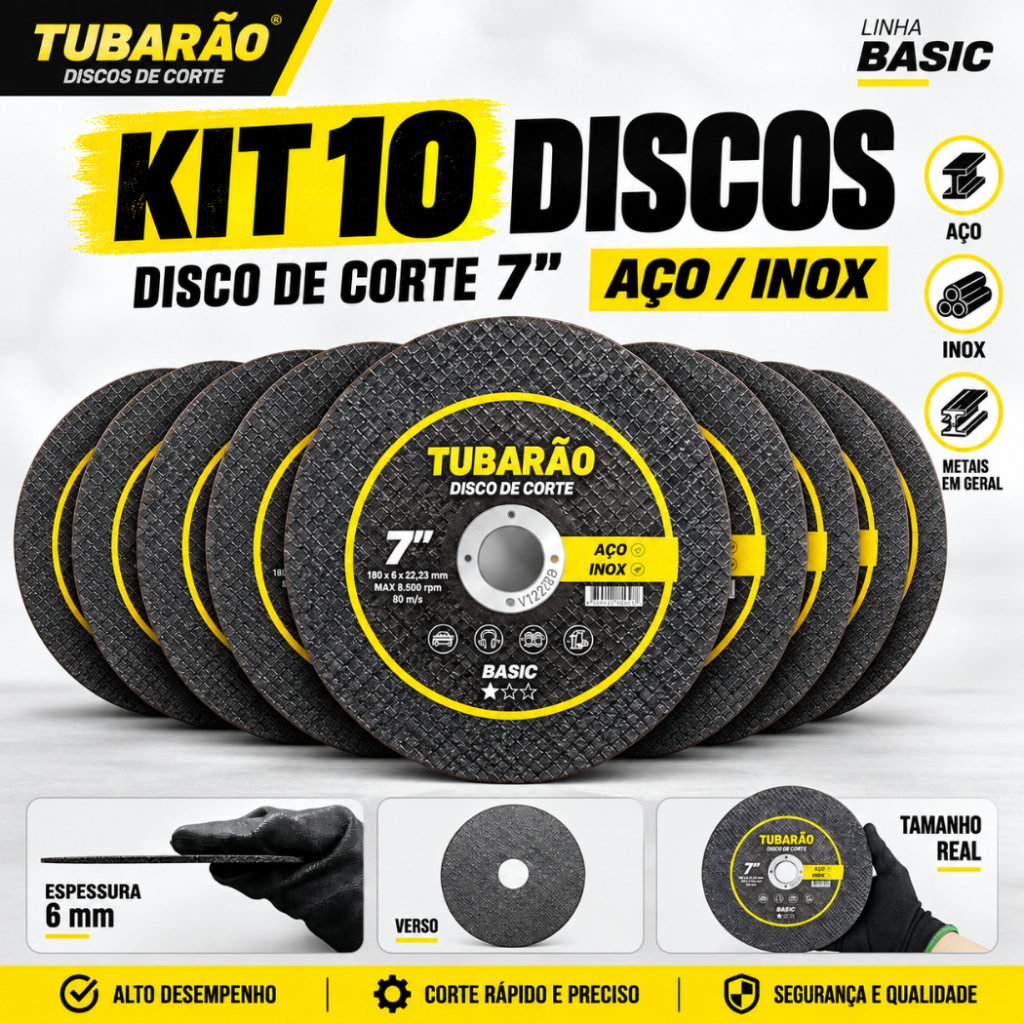 10x Disco de Corte 7'' x 1,60mm Furo 7/8" Inox e Metal - Tubarão