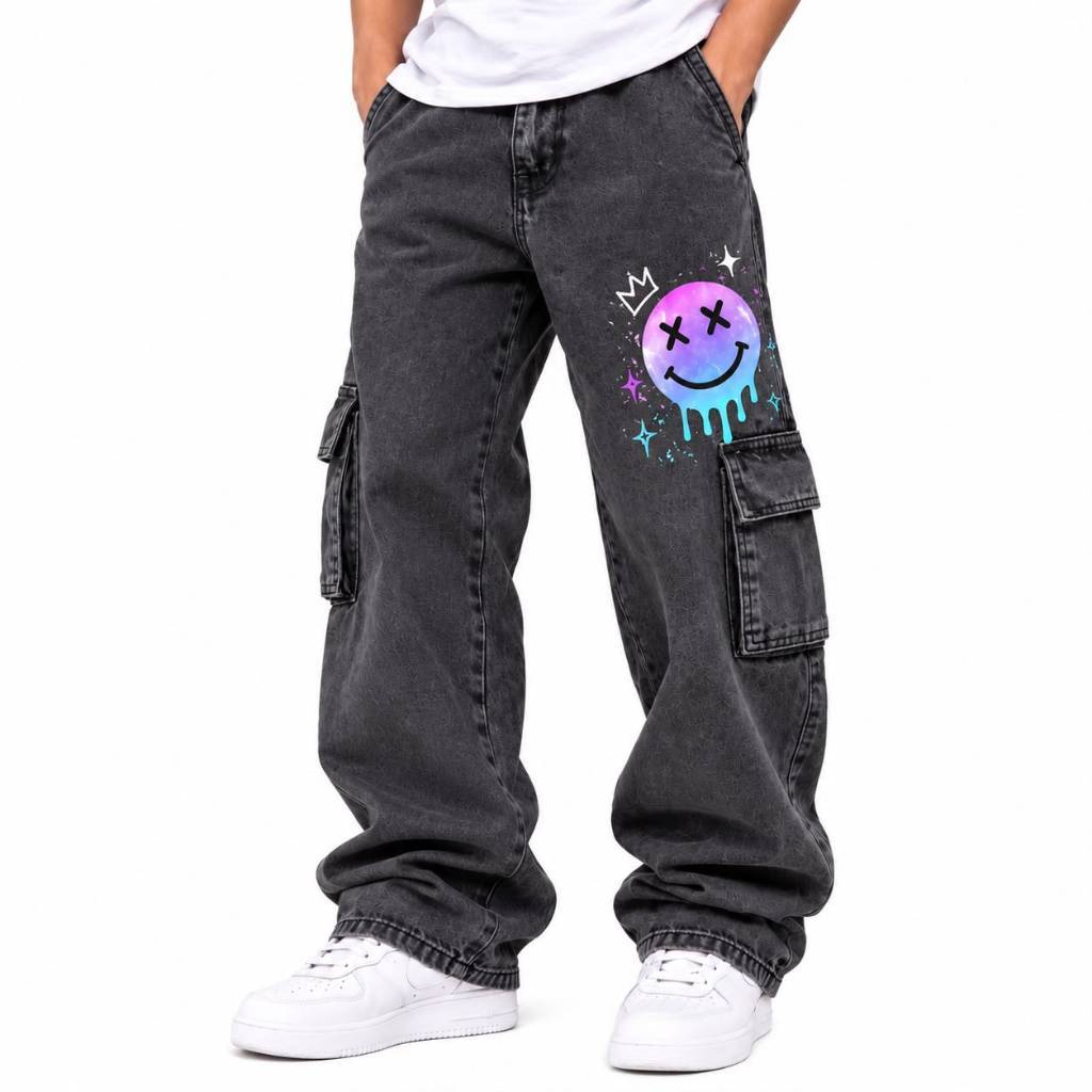 Calça Cargo Masculina Juvenil Streetwear K-Pop Smile 10 ao 16