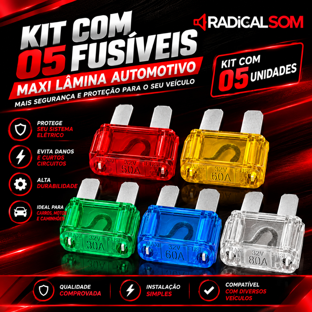 Kit 05 Fusivel Maxi Grande Lamina Automotivo 30a 40a 50a 70a 100A