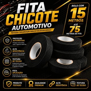 Até 05 Fita Chicote Isolante Tecido Automotivo 15m x 19mm Autoadesivo Carro Moto Anti Ruído Altas Temperaturas