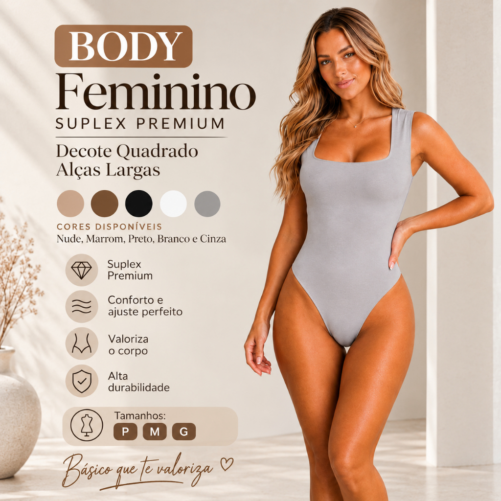 Body Feminino Decote Quadrado Alça Larga Suplex Premium Estiloso