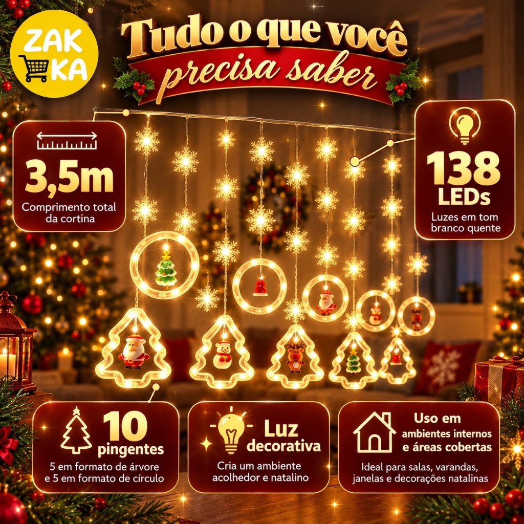 Cortina de Luz LED Natal 3,5m 138 LEDs 10 Pingentes Natalinos Decoração Mágica para Janela Árvore