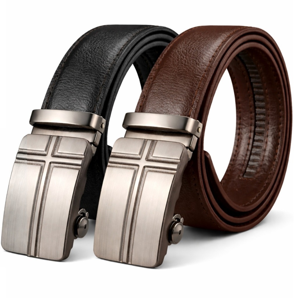 Kit 2 Cintos Masculinos Social em Couro Premium Fivela Automática Catraca Ajustável