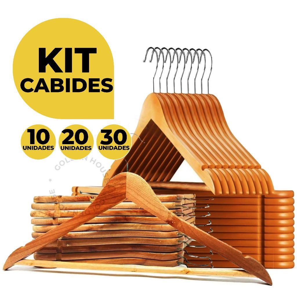 Kit 10/20/30 Cabides De Madeira Premium Marfim Para Roupas Calça Gancho Cromado