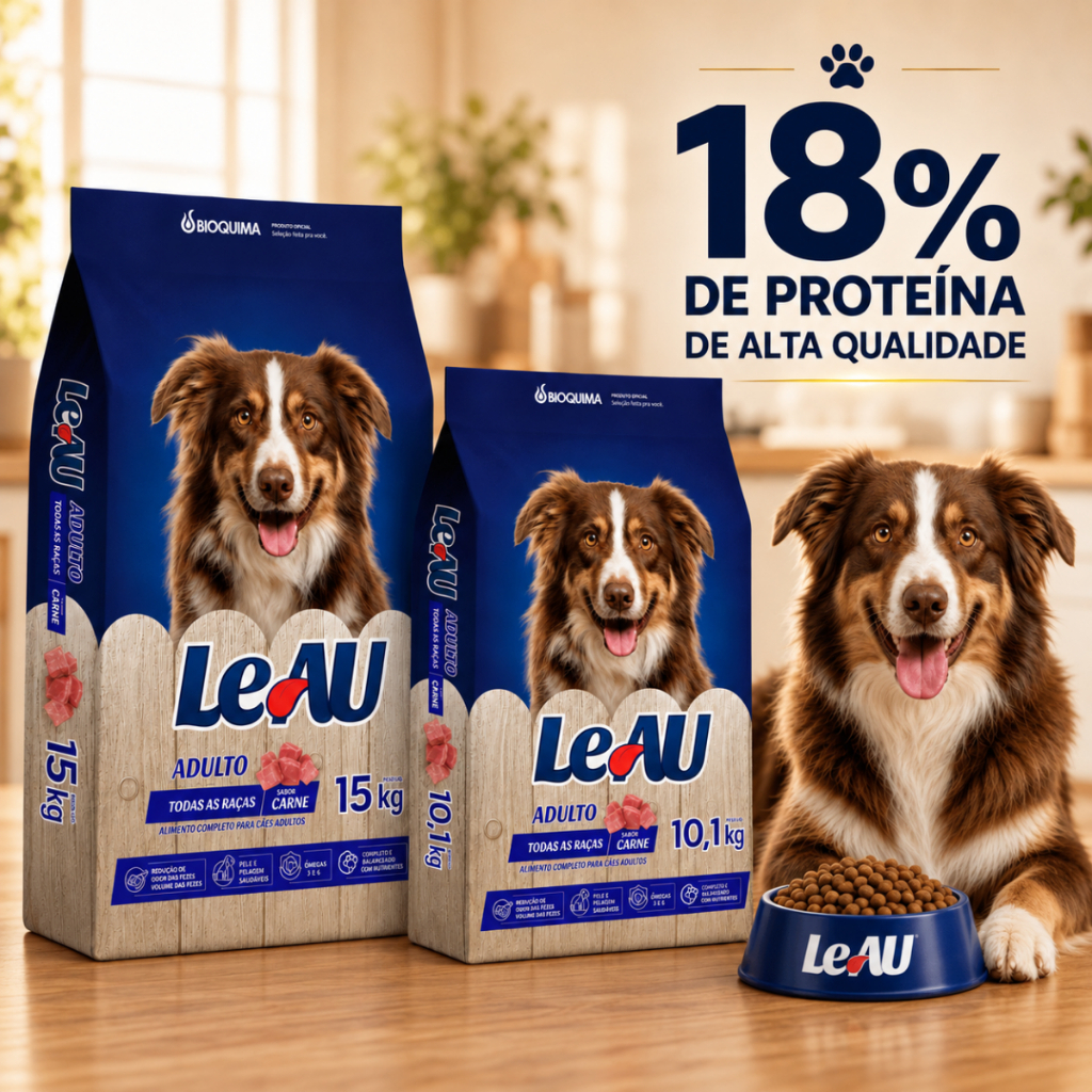 Ração para Cachorro LeAU Cães Adultos 18% Proteína Sabor Carne 10kg ou 15kg Alimento Completo