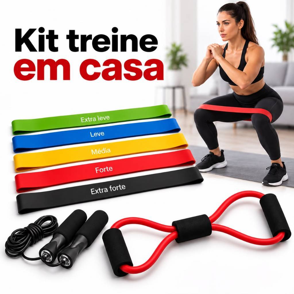 Imagem Kit Treine Em Casa Funcional Completo 5 Faixas Mini Band + Elástico Extensor Cross + Corda de pular