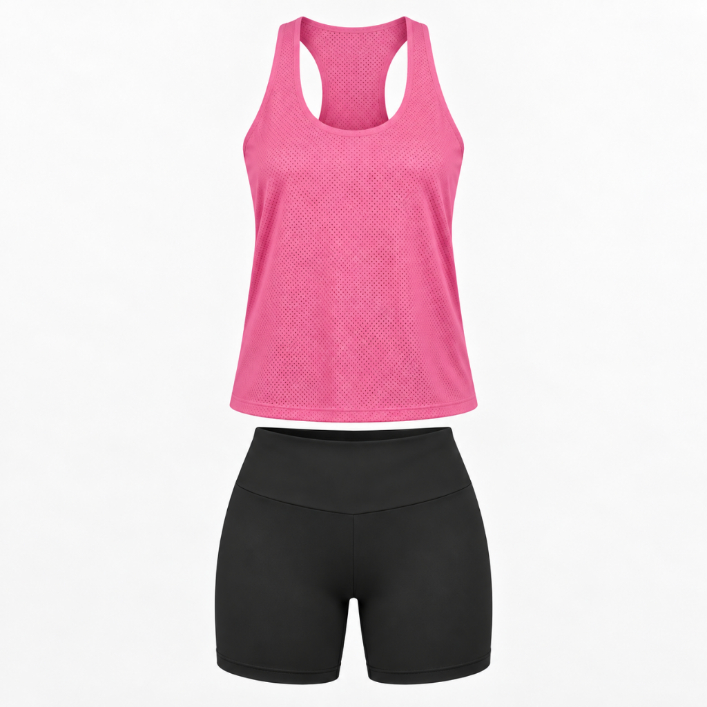 Kit 2 Peças Academia Regata Nadador Dry Fit Furadinha Shorts Meia Coxa Suplex Cintura Alta Zero Transparência Fitness