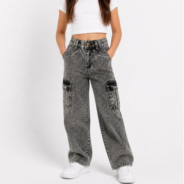 CALÇA CARGO JEANS INFANTIL FEMININA COM REGULADOR MENINA MARMORIZADA MODA