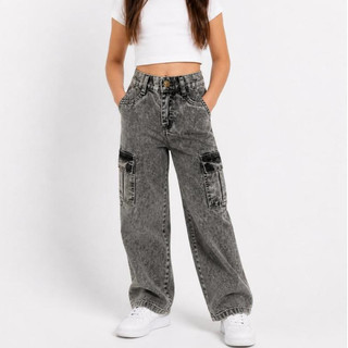 CALÇA CARGO JEANS INFANTIL FEMININA COM REGULADOR MENINA MARMORIZADA MODA