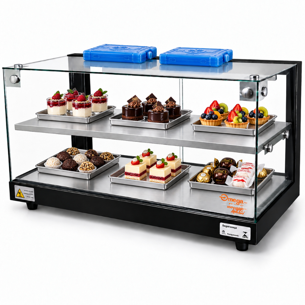 Vitrine fria para Doces Quadrada Beta 62cm Preta Dupla com 12 Gelo-X - Omega