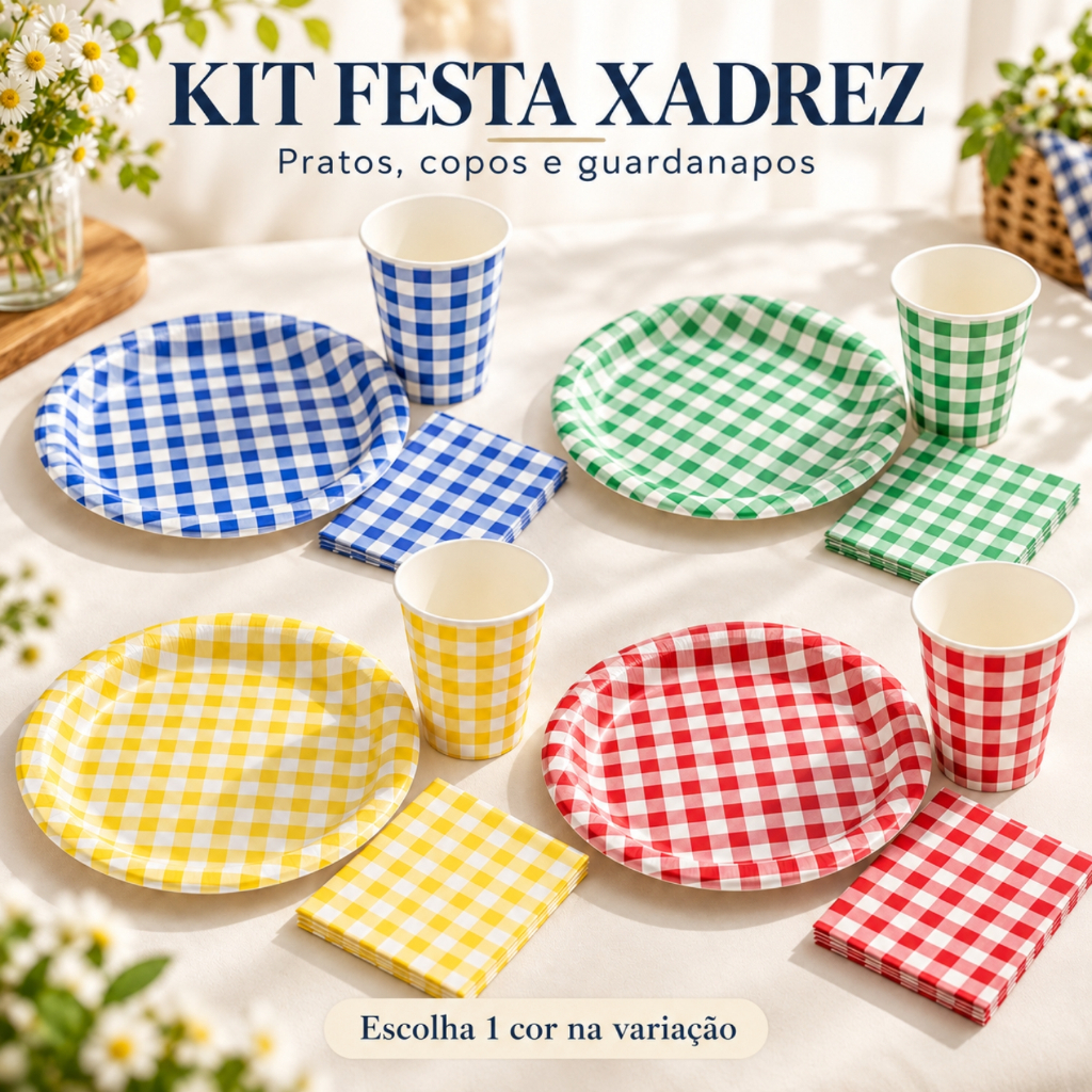 Kit Festa Xadrez Pratos Copos e Guardanapos de Papel Aniversário Piquenique Junina 40/80 Peças