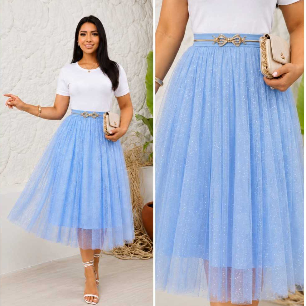 Saia tule mídi de brilho glitter forrada liso, moda evangélica, festividades congresso. — imagem 2 de 3