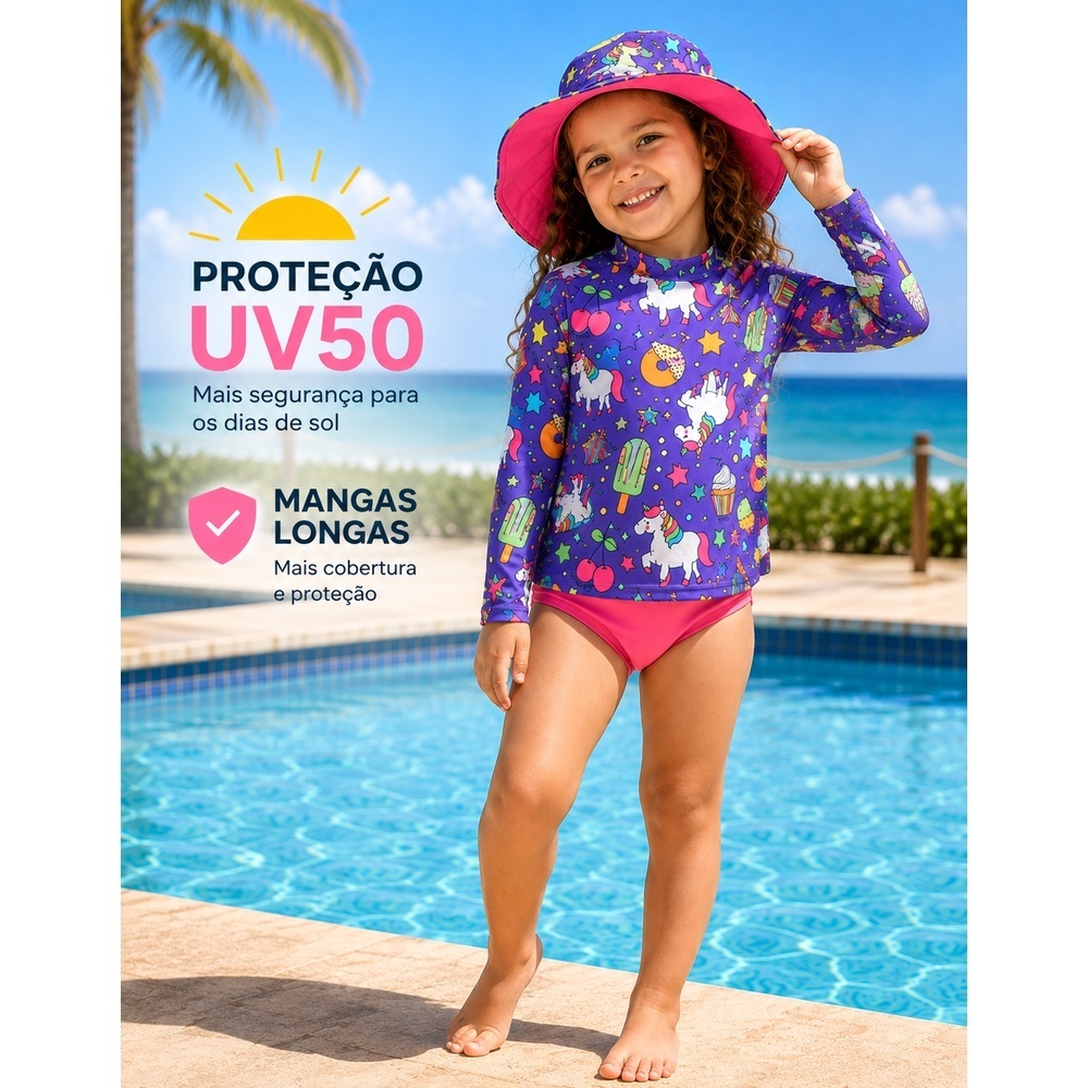 CONJUNTO PRAIA INFANTIL MENINA 3 PEÇAS UV 50+ PROTEÇÃO SOLAR BLUSA MANGA LONGA BIQUÍNI CHAPÉU