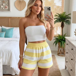Short Tricot Feminino Listrado Saída de Praia Verão Moda Praia Piscina Cintura Alta