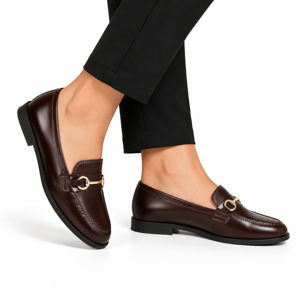 Mocassim Feminino Bico Redondo Preto com Enfeite Dourado Corrente Premium