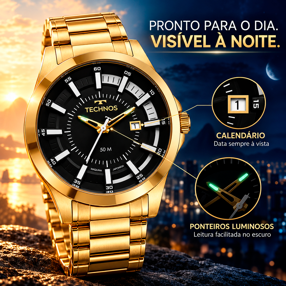 Relógio Technos Masculino Dourado Preto Original 1 Ano de Garantia · foto 2