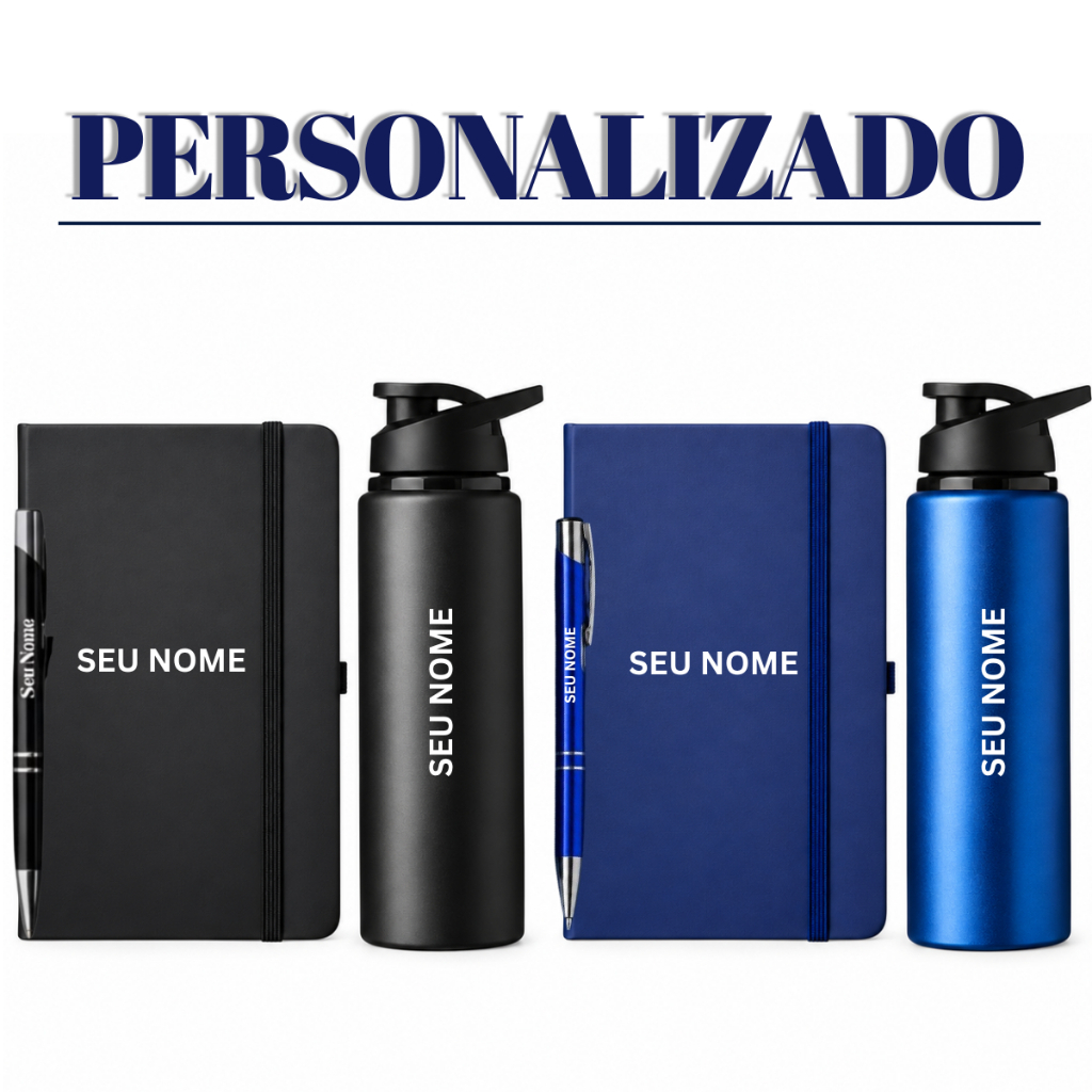 Kit Personalizado Garrafa Alumínio Caderneta Caneta Com Seu Nome Presente Corporativo