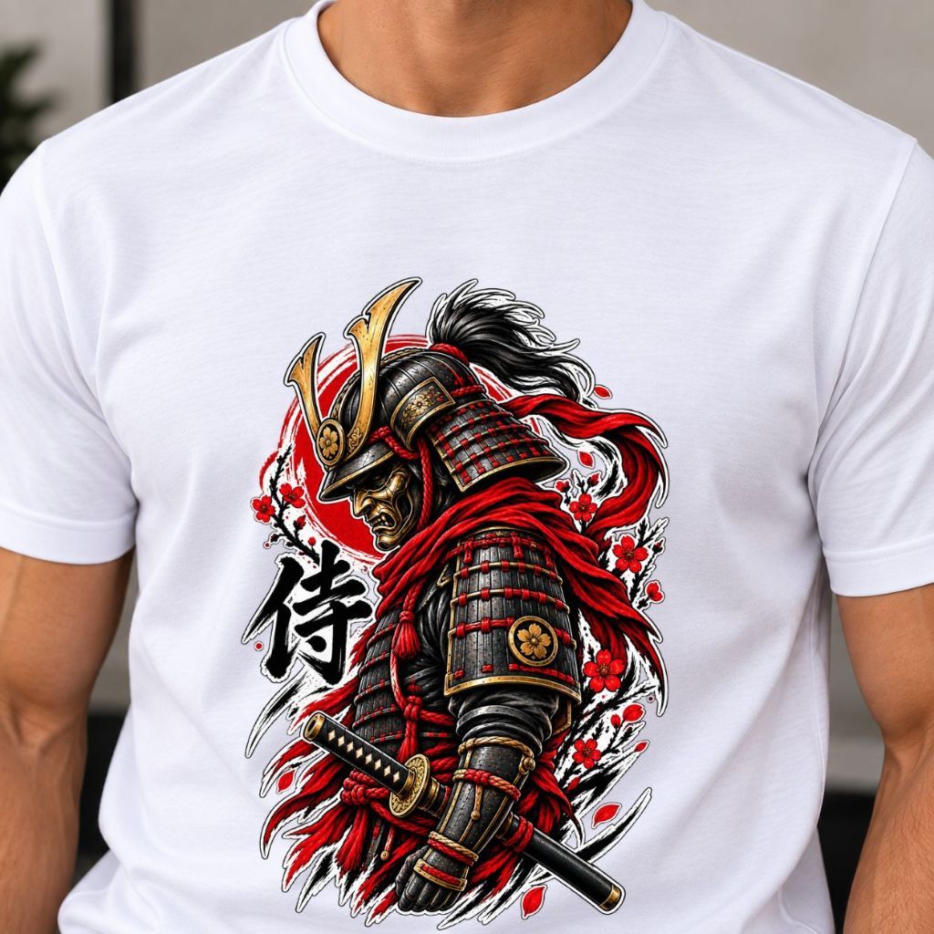 Camiseta Masculina Estampada Samurai Gola Redonda Manga Curta Confortável 100% Algodão