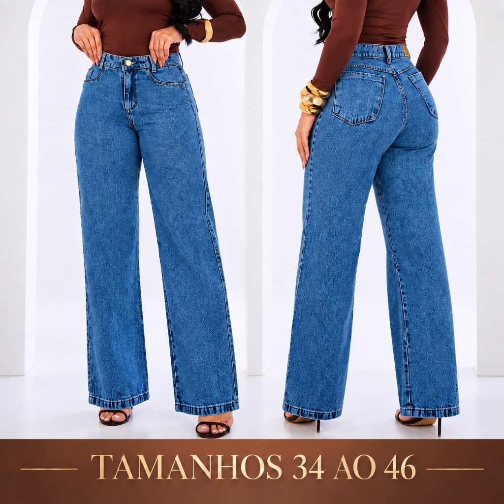 Calça Jeans Feminina Wide Leg Cintura Alta 100% Algodão