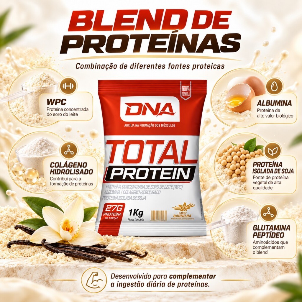 Total Protein Whey Proteína 1kg Baunilha DNA Suplementos — imagem 2 de 2