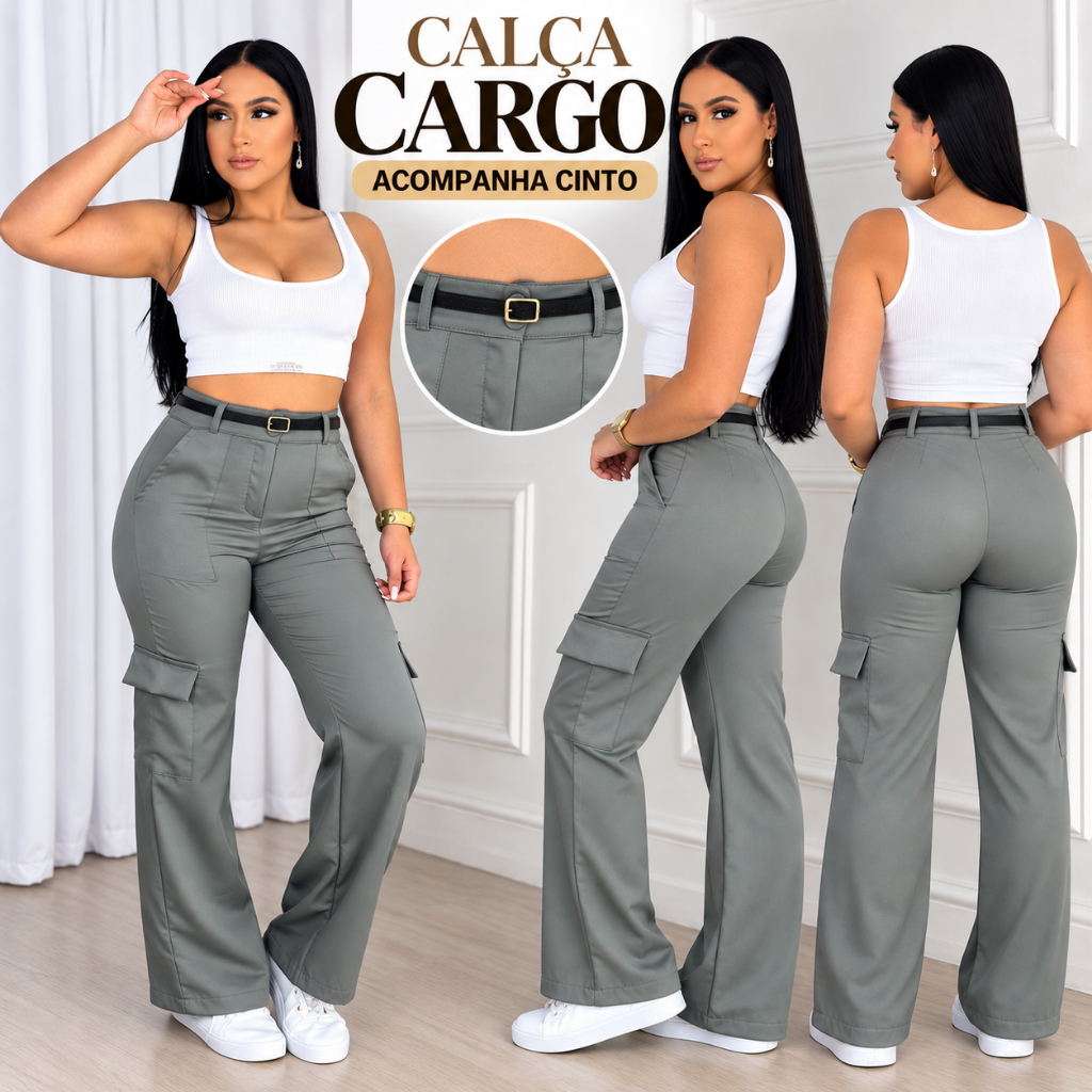 Calça Pantalona Feminina em Alfaiataria Cargo Casual ACOMPANHA CINTO