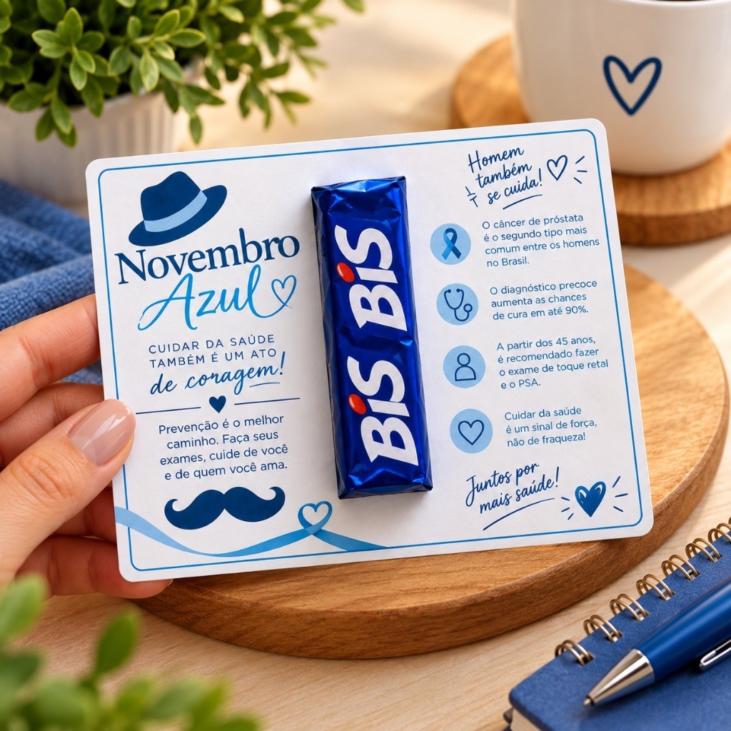 Card Novembro Azul para Chocolate Bis | Lembrancinha Personalizada para Homens, Campanha de Prevenção