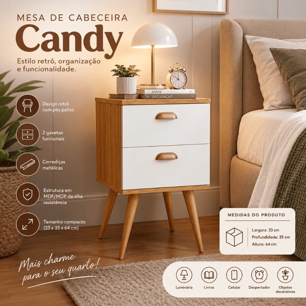 Mesa de Cabeceira Candy Retrô com Pés Palito 2 Gavetas Corrediças Metálicas para Quarto 33x35x64 cm Compacta