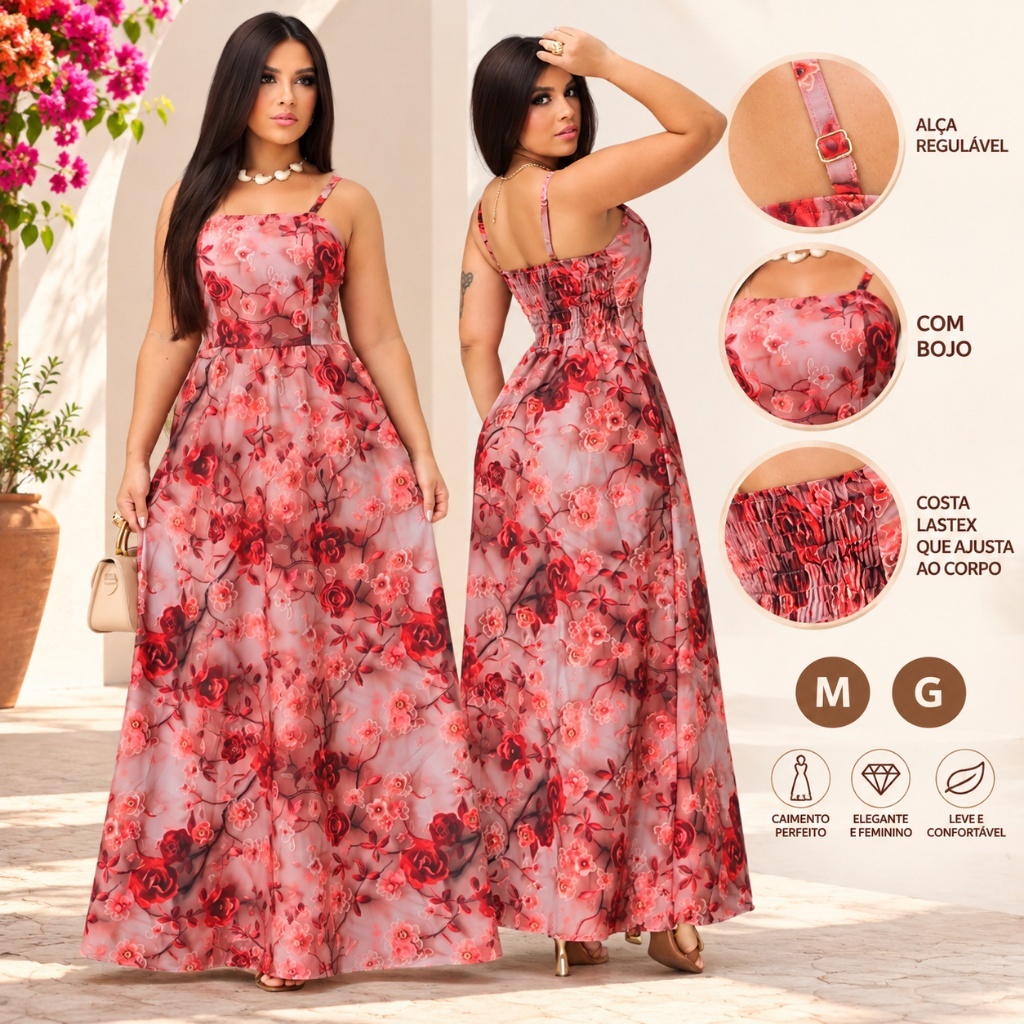 Vestido Longo Floral Feminino Elegante com Alça Fina Estampado Vermelho Moda Verão Festa Casual 2026