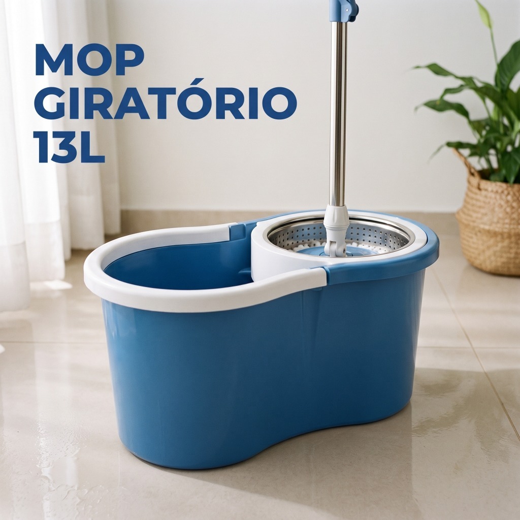 Mop Giratório com Rodinhas Balde 13L Cesto Inox Alça Cabo Extensível Refil Microfibra Esfregão