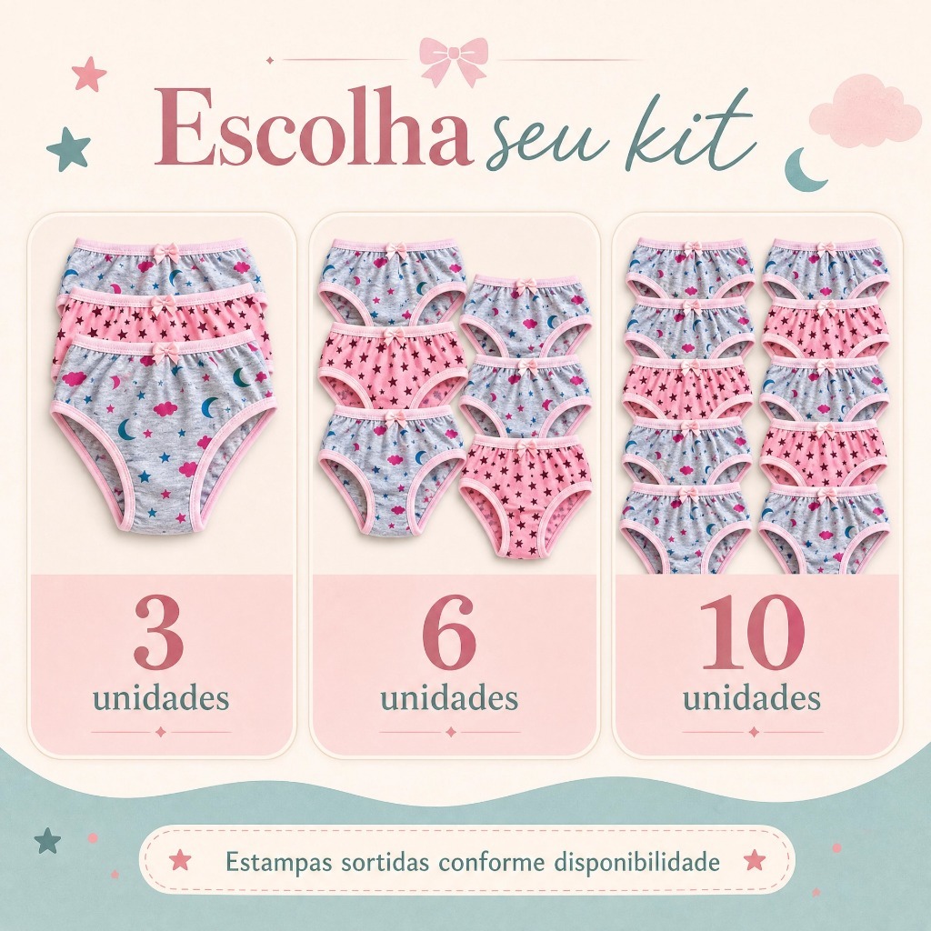 Kit Calcinha Infantil de Algodão Confortável Lisa e Estampada RN ao M