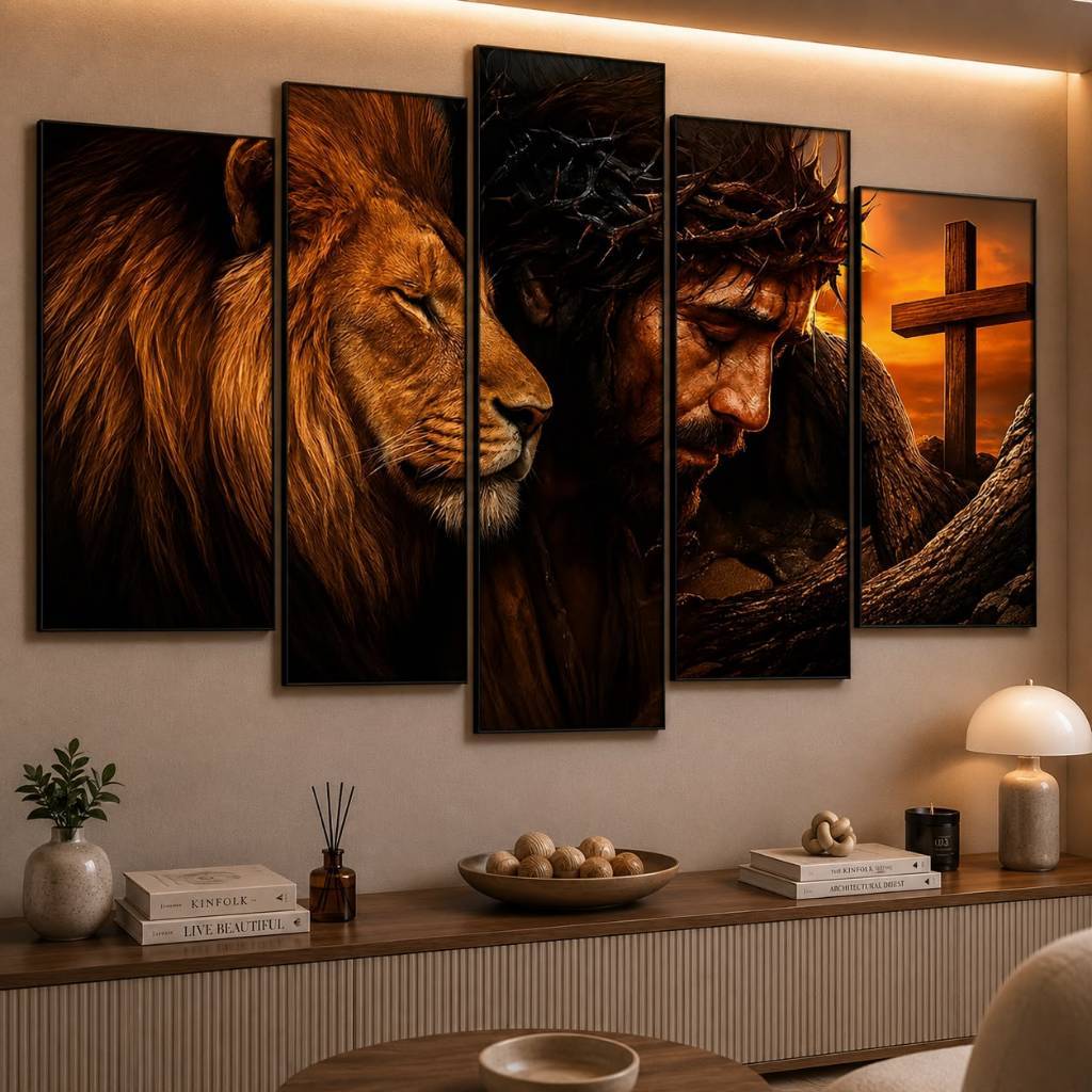 Kit 5 Quadros Decorativos Leão Religioso Jesus Mosaico Sala Quarto Escritório