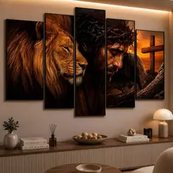Kit 5 Quadros Decorativos Leão Religioso Jesus Mosaico Sala Quarto Escritório