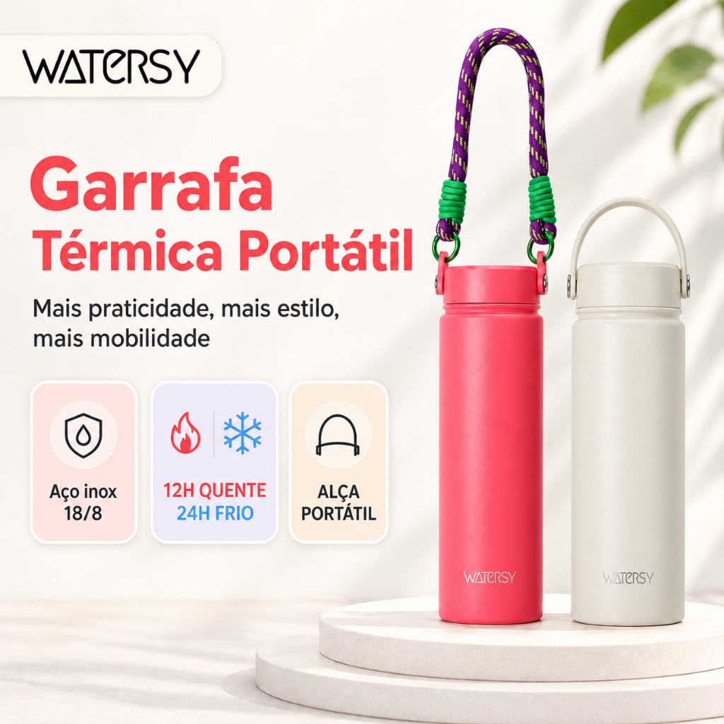 Watersy Garrafa Térmica Portátil 532ml Aço Inox Sem BPA para Viagem e Trabalho