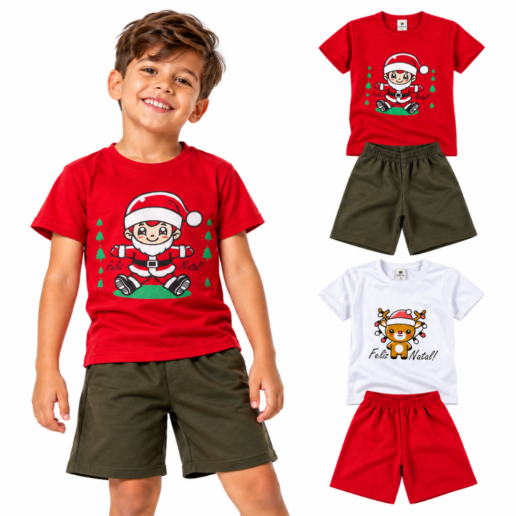 Conjunto Infantil Menino de Natal | Conjunto Menino de Natal | Roupa Infantil Menino Blusa+Bermuda