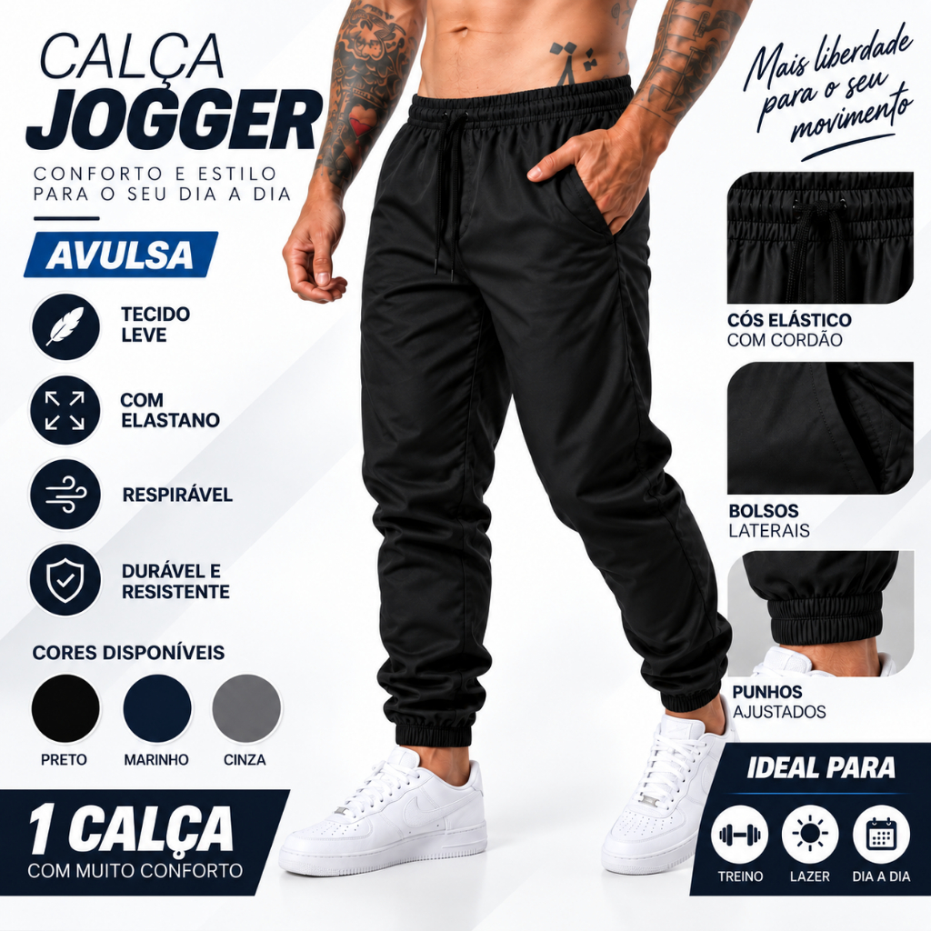 Calça Tactel Com Elastano Masculina Esportiva Jogger Para Treino Corrida E Caminhada