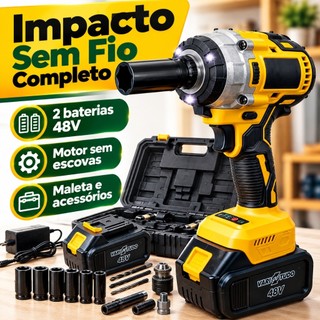 Chave De Impacto 48V 2 Baterias Maleta Acessórios Sem Fio Motor Brushless com Acessórios e Maleta de Transporte