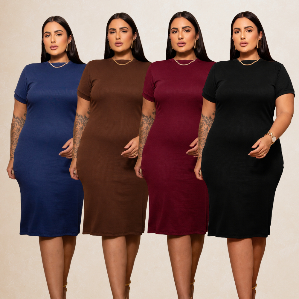 Vestido Plus Size Canelado Midi Feminino com Elastano Verão Confortável