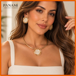 Colar choker aro Feminino Aro Dourado com Pedra Verde e Brinco Conjunto Elegante Moderno