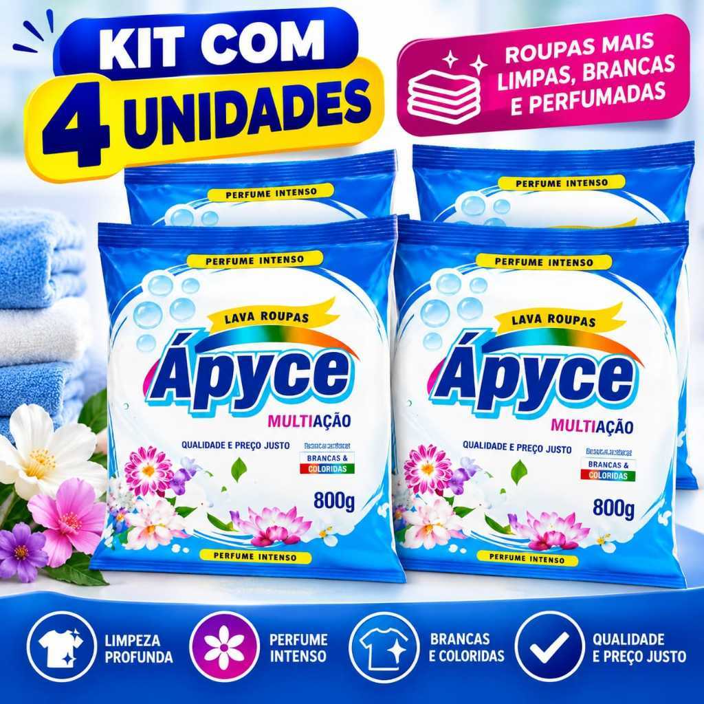 4 Sabão em Pó Apyce 800g Lava Roupas Perfumado Alto Rendimento Promoção Lavanderia