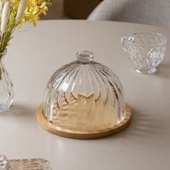 Queijeira de Vidro Striata com Base de Bambu Lyor 16,5cm para Queijos Frios Petiscos Café da Manhã Mesa Posta Elegante