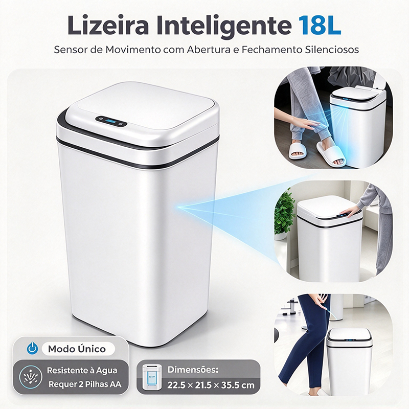 Lixeira Automática com Sensor Inteligente 14L/18L USB Recarregável, Abre sem Toque, com Tampa para Banheiro e Cozinha
