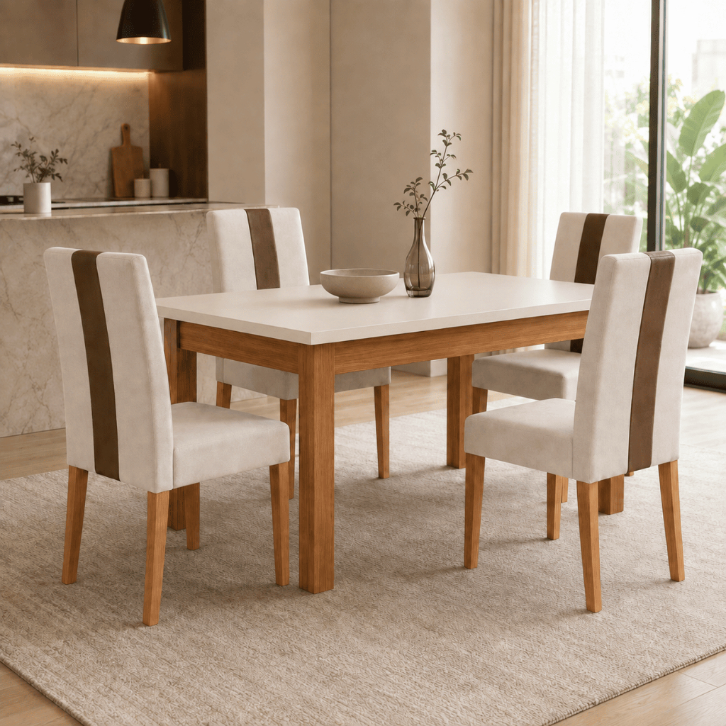 Conjunto Mesa de Jantar MDF 25mm c/ Cadeiras 2x Estofada Assento Tampo Pintura UV - Blue Moby