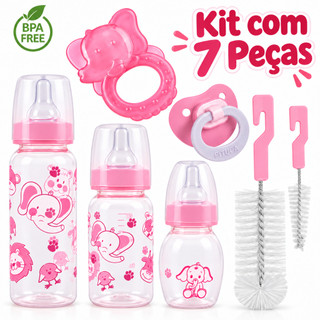 Kit 7 Peças 3 Mamadeiras + Mordedor + Chupeta + 2 Escovas Para Lavar Mamadeiras Para Bebê